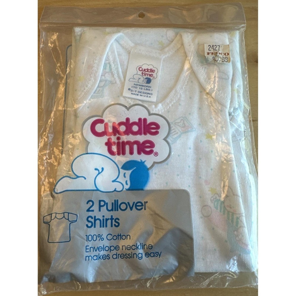 Vintage RARE Cuddle‎ Time 2 Pullover Shirts Newborn- 13lbs Envelope Neckline NEW